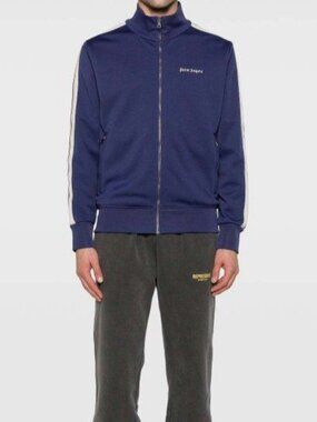 Palm Angels Men's Blue White Full Zip Classic Logo Microfiber Sweatshirt Size S